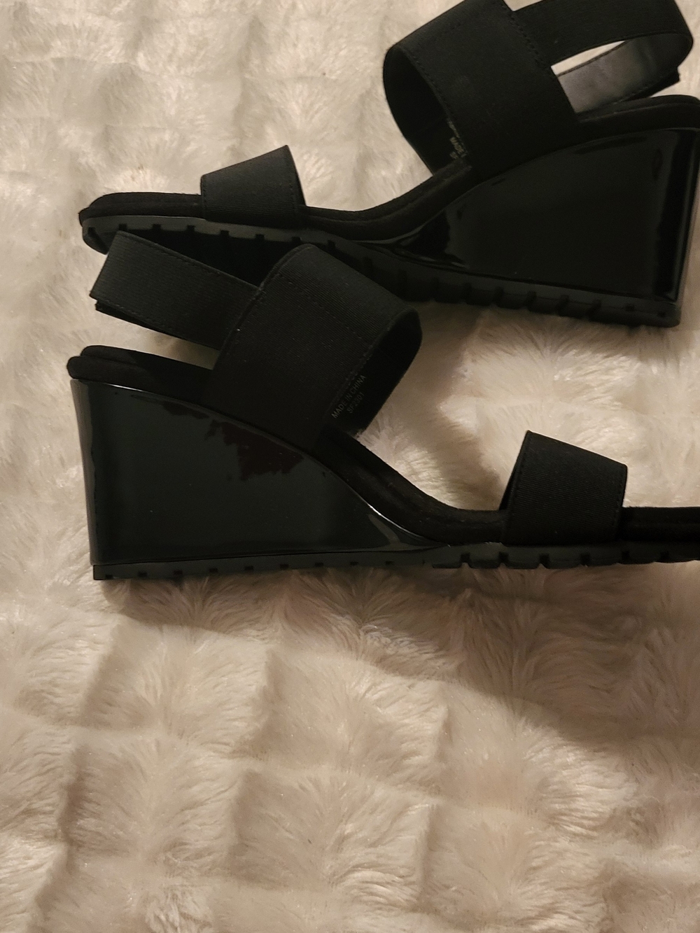 Anne Klein Black Elastic Strap Wedge Sandals